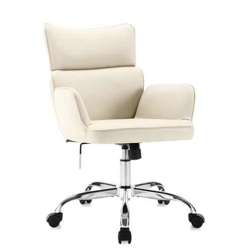 BERYTH Silla de oficina en casa con ruedas, altura ajustable con reposacabezas giratorio, respaldo medio, silla de tarea, silla de trabajo moderna de piel sintética ergonómica inclinable para