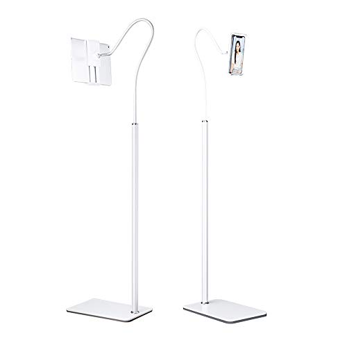 タブレット スタンド 寝ながら スタンド 安定 アルミニウム ベース付 3.5" - 10.6インチ スマートフォン と タ用スマホ ホルダー iPad iPhone床置きスタンブレットド ライブ 38cm-145cm高さ調節可能日本語説明書付き… (ホワイト)