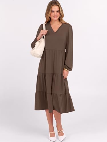 Image of ANRABESS Women's Long Lantern Sleeve Floral Midi Dresses 2026 Fall V Neck Casual Flowy A-line Tiered Boho Vacation Dress