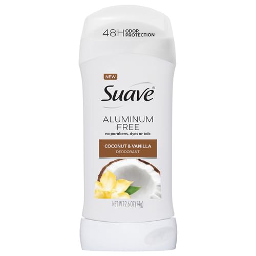 Suave Aluminum Free Deodorant for Women, Coconut & Vanilla, 48-Hour Odor Protection, Free of Talc, Parabens & Dyes 2.6 oz