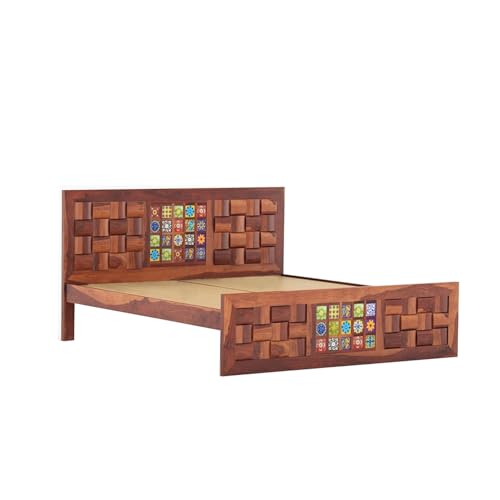 Image of Sheesham Wood Queen Size Bed Without Storage | Wooden Bed Queen Size Double Cot Palang Bed for Bedroom | Niwar Tile Design Headboard Bed for Living Room | Honey Finish