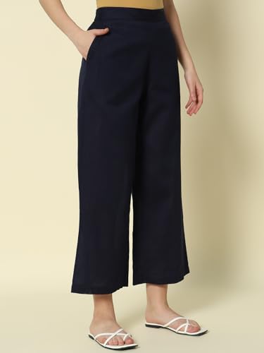 Image of FIORRA Womens Loose Mid Rise Cotton Solid Palazzo