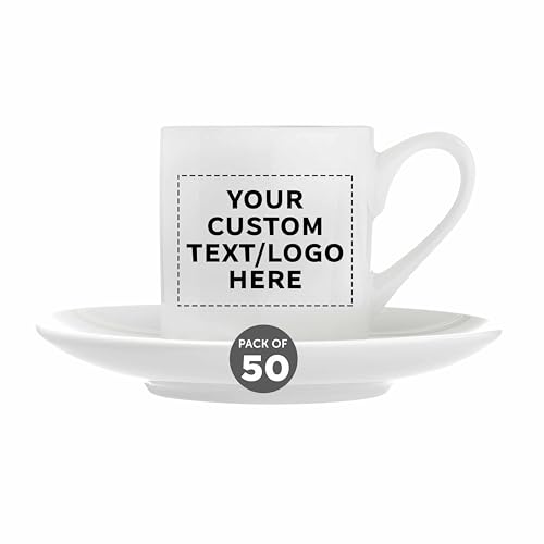DISCOUNT PROMOS 50 Espresso Cups with Saucers Set, 3 oz. - Personalized Text, Logo - Practical, Porcelain, Coffee Shops - White
