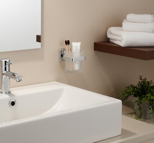 Image of 304 Stainless Steel Frosted Glass Tumbler Holder | Wall Mounted Toothbrush Holder with Frosted Glass Cup | Rust Proof Bathroom Toothbrush Stand | Chrome Finish Bathroom Accessories (Square-27N)