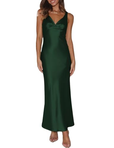 Image of VUBIYA Women's Summer Satin V Neck Backless Maxi Dress Wedding Guest | Open Back Tie-Back, Low Back Sleeveless, Formal Bridesmaid, Elegant Cocktail, Vacation Beach, Date Night and Party