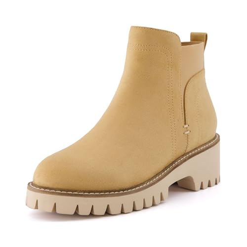CUSHIONAIRE Parade Pull-On Womens Boots, Lightweight Lug Sole Chelsea Style Ankle Boots for Women with Detailed Stitching, TAN 8W