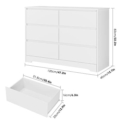 Fotosok 6 Drawer Double Dresser, White Dresser For Bedroom, Modern 6 Chest Of Drawers With Deep Drawers, Wide Storage Organizer Cabinet For Living Room Home #TOP2