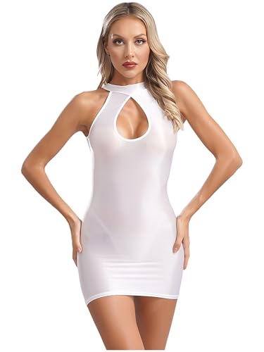 Jhaoyu Damen Kurz Sexy Wetlook Minikleid Glanz Etui Kleid Neckholder Bleistiftkleid Nylonkleid Stretch Bodycon Partykleid Dessous Gogo Clubwear Weiß...