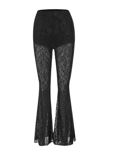 Verdusa Women's Goth 70s Lace Bell Bottoms Sexy See Through Pants Y2K Flare Pants Party Clubwear Black X-Large