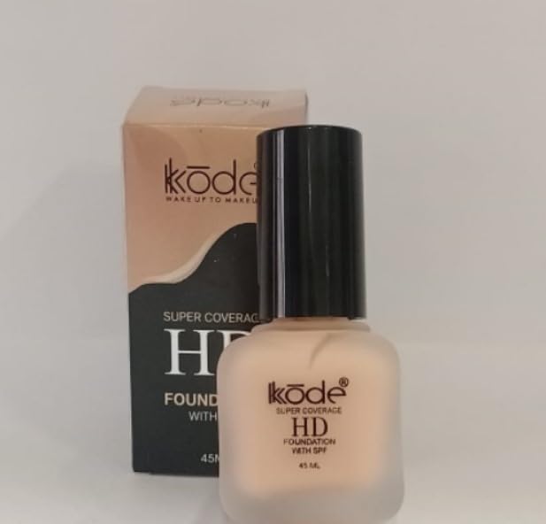 KKODE SUPER COVERAGE HD LIQUID FOUNDATION, NATURAL FINISH WITH SPF, WEIGHTLESS, GIVES FULL COVERAGE, PERFECTLY MATCHES ALL SKIN TONES, SUN FILTER SHIELD, NOURISHES AND PROTECT SKIN.