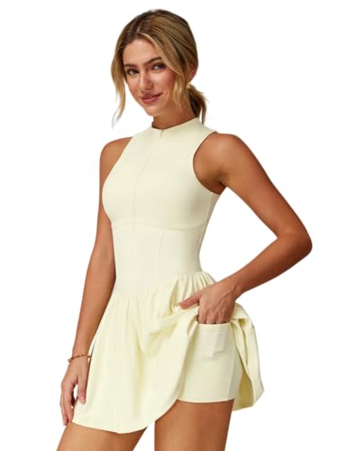IDOPIP Tenniskleid Damen mit Hose drunter für Sport: Ärmellos kurz Sommerkleid Shorts mit Tasche und integriertem BH - Sommer Sportkleid für Tennis, Golf und Yoga gelb S