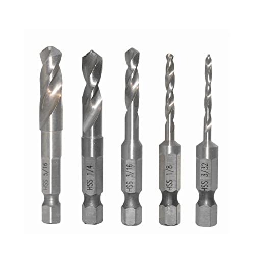 5PCS Stubby Drill Bit Set Short Drill Bits HSS 4241 Steel 1/4" Quick Change Hex Shank 3/32, 1/8, 3/16, 1/4, 5/16 Inch for Woodworking