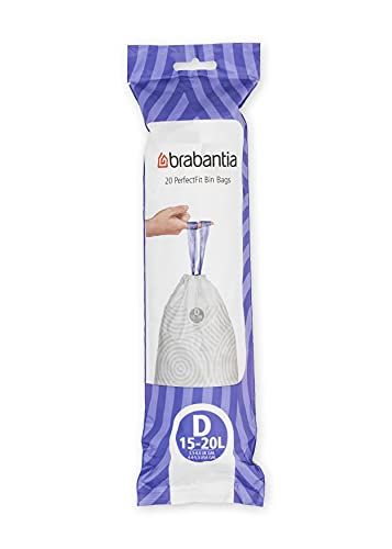 Brabantia 138201 PerfectFit Bin Liners Multipack (Size D/15-20 Litre) Thick Plastic Trash Bags with Tie Tape Drawstring Handles (120 Bags), White