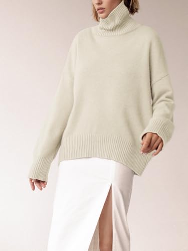 Image of YKR Women's Turtleneck Sweater Chunky Long Sleeve Knitted Pullover High Low Hem Trendy 2025 Fall Winter Basic Jumper Top