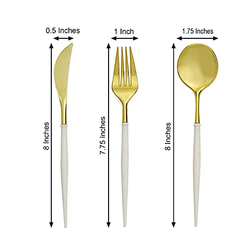 24 Gold Ivory Disposable Plastic Cutlery Spoon Fork and Knife Set for Weddings Parties Birthdays Receptions Events Dinnerware Tableware Decorations
