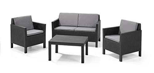 Allibert by Keter Chicago 4 Seater Rattan Lounge Outdoor Garden Furniture Set - Graphite with Grey Cushions