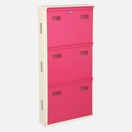 Image of Metal Shoe Rack Wall Mounted for Home with Central Locking 3 Door 20 inch Wall Mounted Metal 6 Pair Shoe Rack Cabinet Pre-Assembled Rack Shelves 3 Year Warranty (Pink & Ivory)