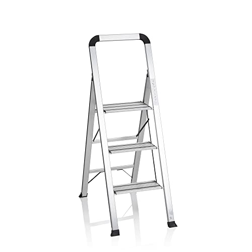 hjh OFFICE 801104 Escalera Aluminio 3 Peldaños Plegable SOLID V Escalera de Mano hasta 150 kg, Antideslizante, Ligera y Resistente, Uso doméstico