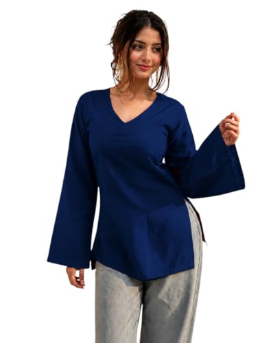 Image of Women's Cotton Short Kurti Black Solid Plain V Neck Full Bell Sleeve Casual Stylish Short Kurta for Women for Jeans Daily Girl Top