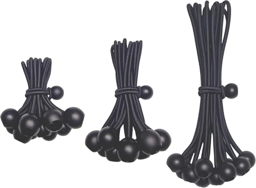 Elalove 30 Stück Spanngummis mit Kugel (10/15/20 cm) - Robuste Gummiseile für Planen, Zelte, Fahrrad, Zeltzubehör und Spanngurte,Schwarze