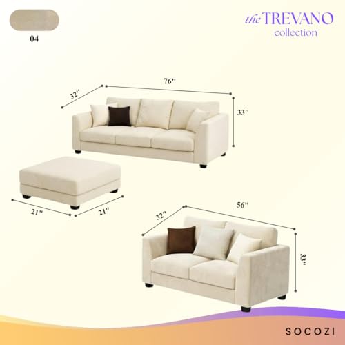 Image of SOCOZI Trevano 5 Seater Sofa Set with Ottoman (3 Seater + 2 Seater + Ottoman) | Soft Velvet Suede Fabric | Plush Comfort Cushions for Living Room (Cream)