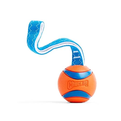 Image of Chuckit! Ultra Tug Dog Toy - Ultra Ball on a Durable Nylon Cord Handle - Fetch and Tug-of-War Toy for Dogs - for Breeds 60-100 lbs - 3-inch Diameter - Orange and Blue Large (Pack of 12)