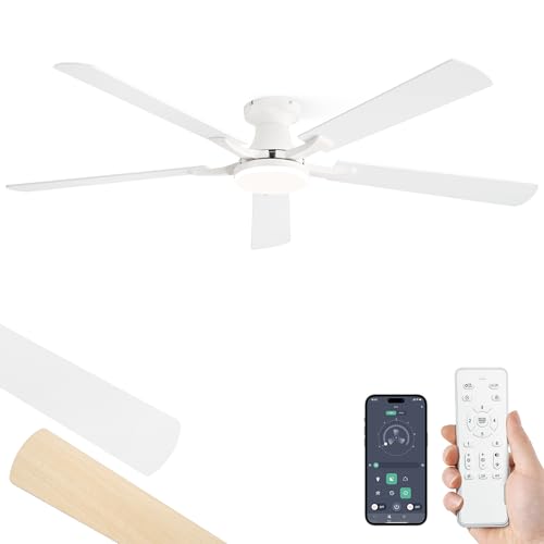 Image of ZMISHIBO 60 Inch Ceiling Fan with Light, App&Remote Control, Flush Mount Low Profile, Dimmable 20W LED Light, Quiet Reversible Motor for Bedroom, Living Room, Apartment, White