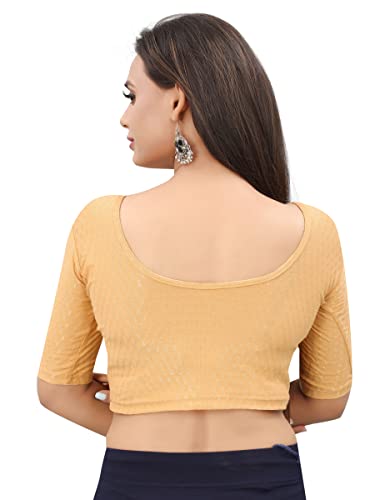 Image of Round Neck Dobby Cotton Lycra Stretchable Elbow Sleeve Readymade Saree Blouse for Women Stylish