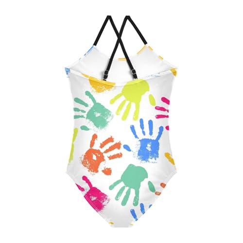 Girls One Piece Swimsuits Colorful Handprint Pattern Sport Halter Swimwear Beach Bathing Suit, 5-6T2