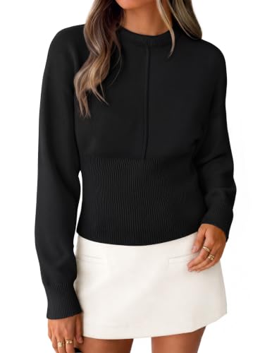 Image of ZESICA Women's Fall Sweaters Crewneck Cinched Waist Pullover Tops