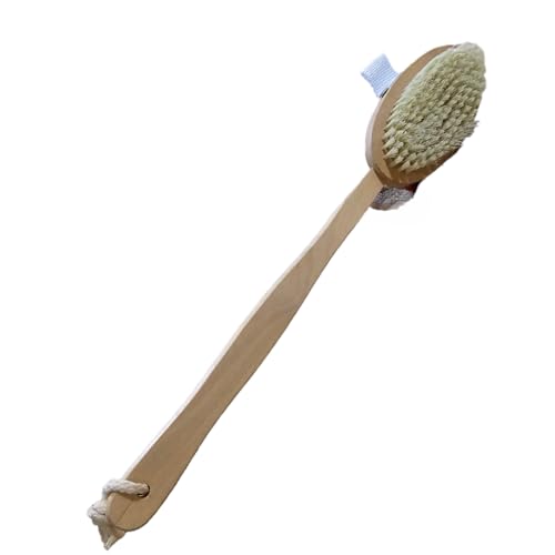 PARENCE.- Cepillo exfoliante de madera con mango largo y cordón colgante - Cepillo trasero para ducha y masaje circulatorio - Madera, 42x7x3cm