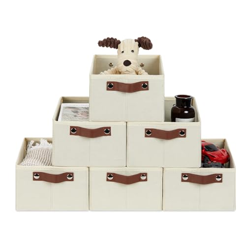 HNZIGE Fabric Small Baskets for Organizing, 6 PCS Storage Organizer Bins for Shelves, Small Bins for clothes with Handles, Shelf Closet Storage Bins for Organizer Home, Office(Cream,11.8 x 7.8 x 5.1)