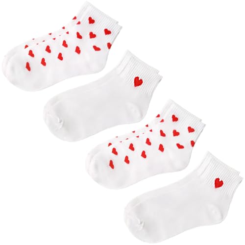 4 Pairs Heart Ankle Socks,Cute Novelty Crew Sock for Womens Teens Girls,Girlfriend,Wife as Valentine's Day Gift,Red Heart Pattern