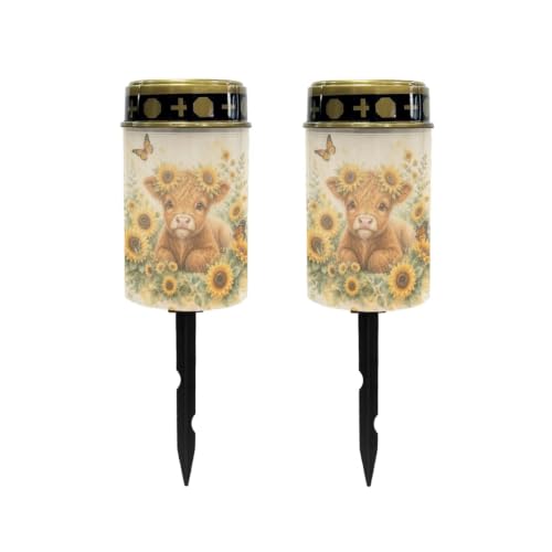 Image of Poceacles Solar Lights Outdoor Waterproof Grave Lights for Cemetery LED Flameless Candle Cemetery Solar Pillar Candles Outdoor Decor, Highland Cow Sunflower Butterfly, Set of 2