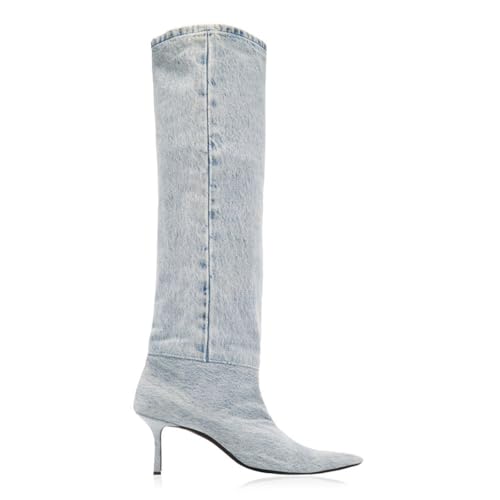 Image of Saint Leia Women's Knee High Boots Pointed Toe Denim 2.76Inch Stiletto Heel Boots