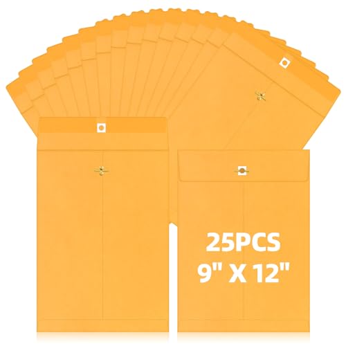 Glarks 25Pcs 9 x 12 Inch Clasp Envelopes Brown 28lb Kraft Paper Catalog Envelopes with Gummed Seal and Clasp Closure for Home Office Business School Filing, Storing and Mailing Documents