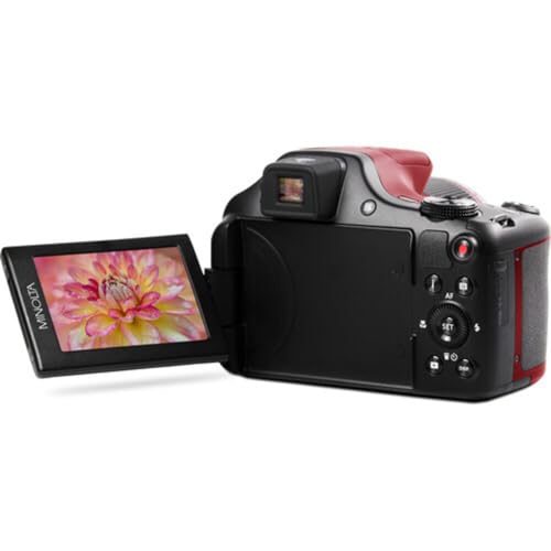 Minolta Pro Shot 20MP Digital Camera – 67x Optical Zoom, Full 1080p HD Video, Optical Image Stabilization, Wi-Fi, 3-inch Articulating LCD Screen, 27 Scene Modes – Includes 16GB SD Card (Red)