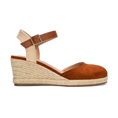Women's Ankle Strap Wedge Ladies Platform Espadrille Tan Closed Toe Buckle Shoes Size 6