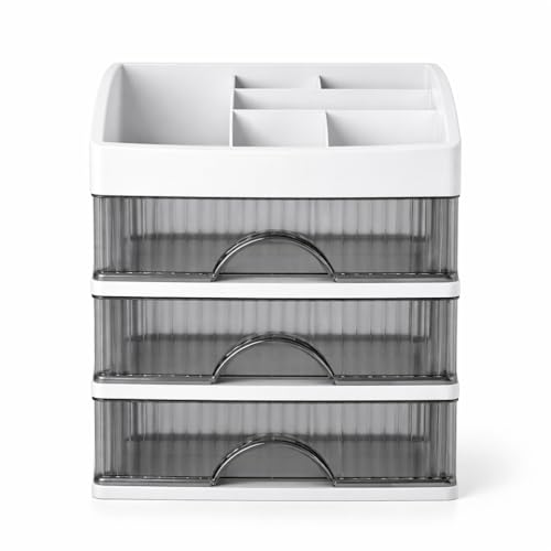 Image of HoopVool Desk Makeup Organizer, Plastic Storage Box with Sliding Drawer, Stylish Display Case for Cosmetics, Lotion, Nail Polish,Brushes,and Jewelry (1 White, 3 - Layer)
