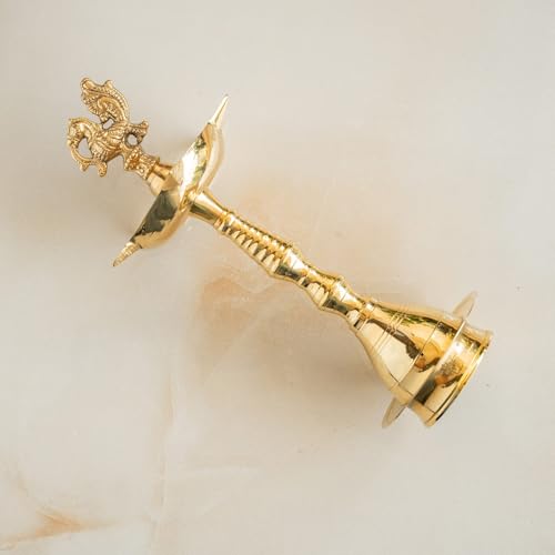 Image of Indian Art Villa Pure Brass Shine Finish Stand /Pillar Diya /Deepak /Lamp /Lantern with Peacock Design, Pooja, Home Decor & Diwali Gift Item, Height-16 Inches