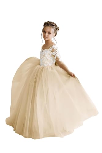 Lace Appliques Wedding Flower Girl Dress Tulle Floor Length First Communion Gown Sheer Long Sleeves Pageant Dress for Party