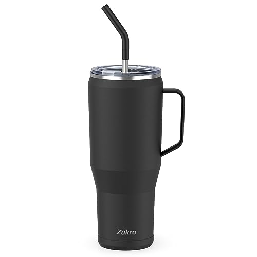 Zukro 50 oz Tumbler With Handle And Straw, Leak Proof Vacuum Insulated Stainless Steel Large Travel Mug Fit in Cup Holder, No Sweat, Keep Drinks Cold Up To 30 Hours, Dishwasher Safe, Black