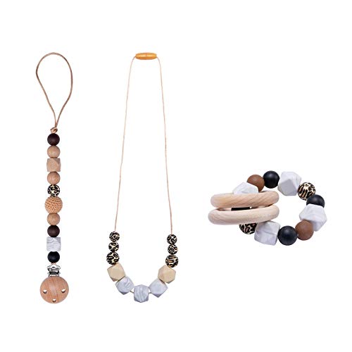 Baby Three-Piece Toys Set Pacifier Clip Silicone Nursing Necklace Wooden Baby Bracelet Baby Grasping Toys,Leopard Print