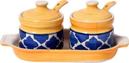 SAWAN Shopping Mart Ceramic Jars With Lid And 1 Holding Tray - 200 ml, 2 Pieces, Blue Yellow