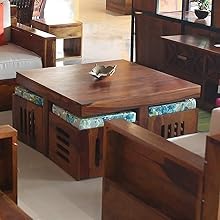 Image of WELL KNOWN Solid Sheesham Wood Round Shape Folding Coffee Table, Center 1 Table for Indoor & Garden Outdoor, Fold-Away Coffee tee (Natural Finish with 4 Stool)