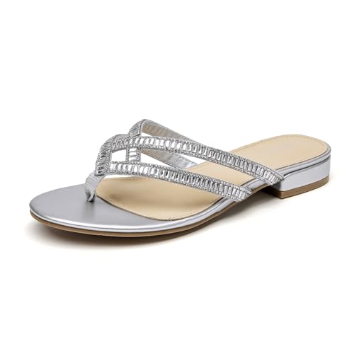 ALLOT Women's Rhinestone Flip Flops Fashion T-strap Flat Sandals Cross Straps Dressy Summer Slip On Open Toe Slides