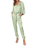 PRETTYGARDEN Women Satin 2 Piece Outfits V Neck Long Sleeve Button Down Tie Knot Tops Jogger Pants Sets With Pocket 2023(Solid Light Green,Small)