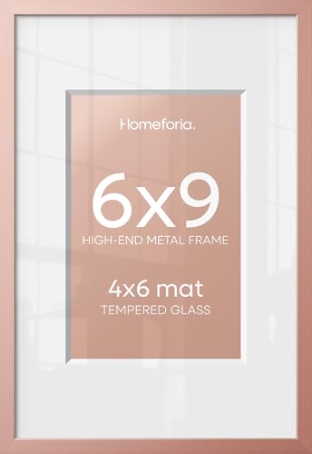 Image of Homeforia 6x9 Rose Picture Frame, High-End Metal, 4x6 Mat, Glass | High End Aluminum, Tempered Glass, Acid-Free 4x6 Removable Mat, 6x9 in Edge-to-Edge Display 9x6, Wall Kit, Set Of 1
