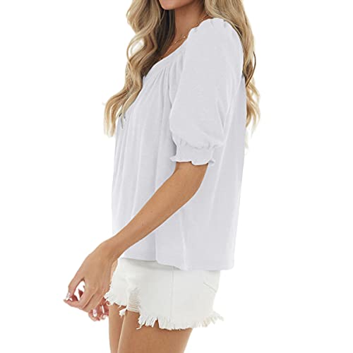 Womens Casual Square Neck Puff Half Sleeve Tops Pleated Loose Basic Summer T Shirts Blouses2