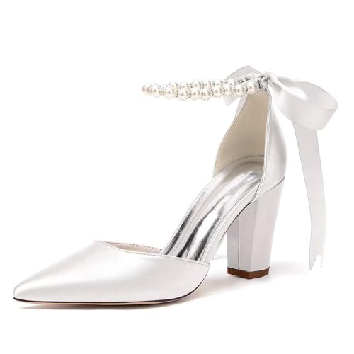 Women's Chunky Block Heel Wedding Shoes for Bride Satin Pearls Ankle Strap Evening Dressy Pumps2